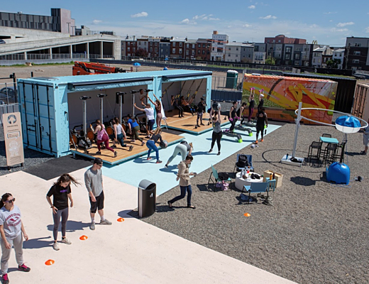 BoxPop shipping container being used for cardio exercise event