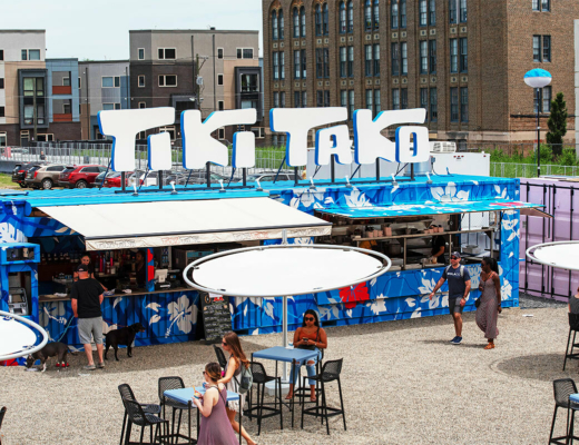 A completely customized BoxPop container transformed into an outdoor bar