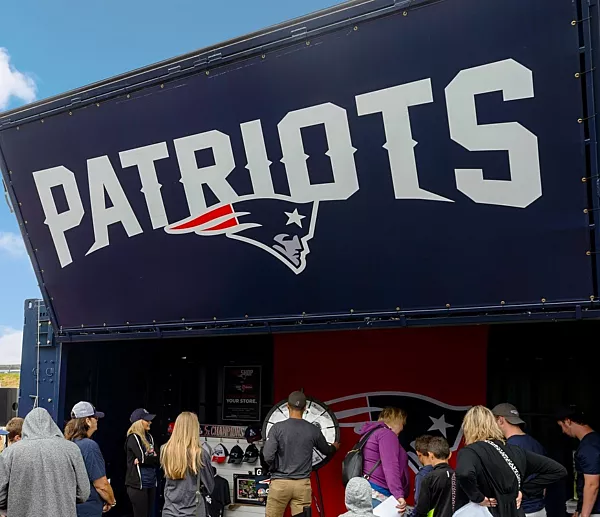 BoxPop shipping container set up for fans at a New England Patriots game